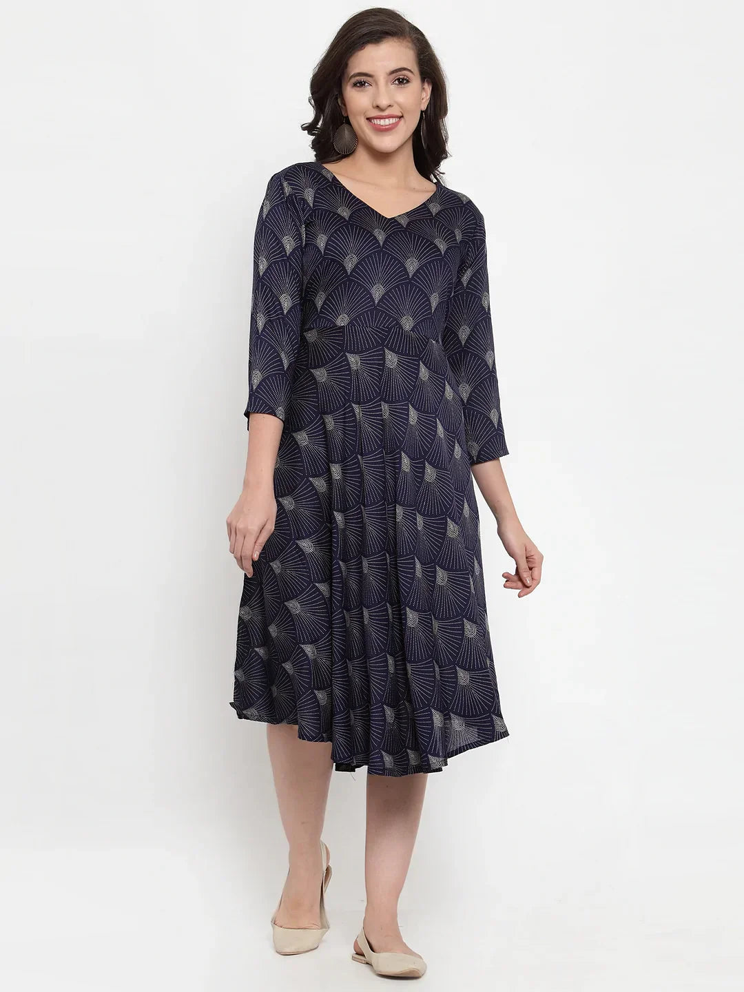 Jompers Women's Navy Blue Printed Fit and Flare Ethnic Dress