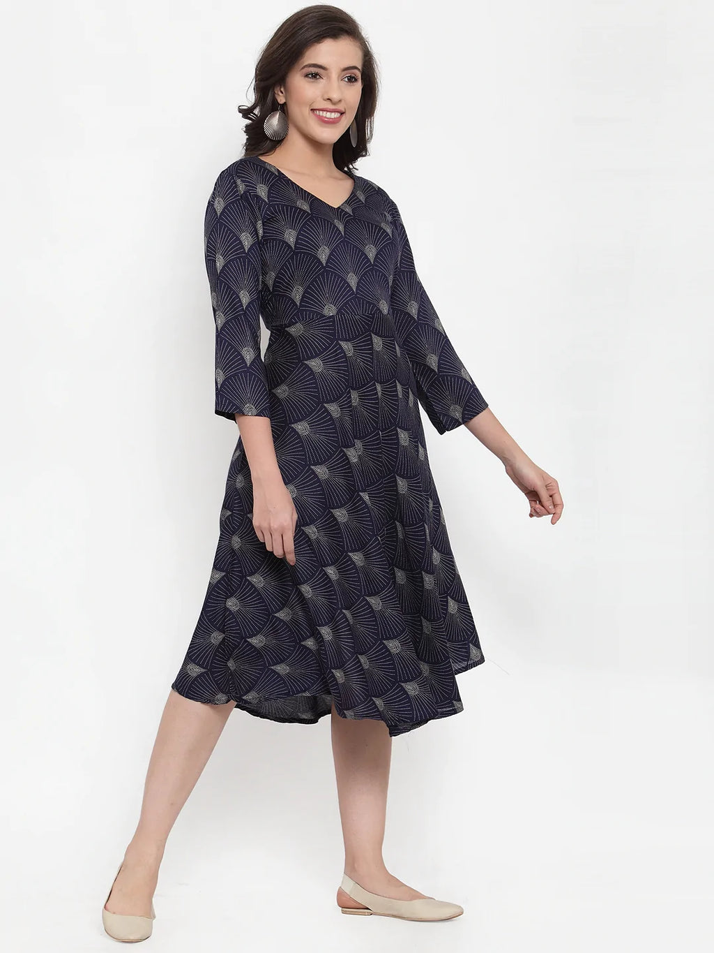 Jompers Women's Navy Blue Printed Fit and Flare Ethnic Dress