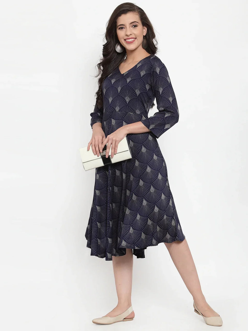 Jompers Women's Navy Blue Printed Fit and Flare Ethnic Dress