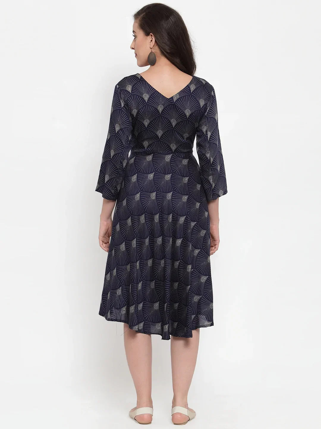 Jompers Women's Navy Blue Printed Fit and Flare Ethnic Dress