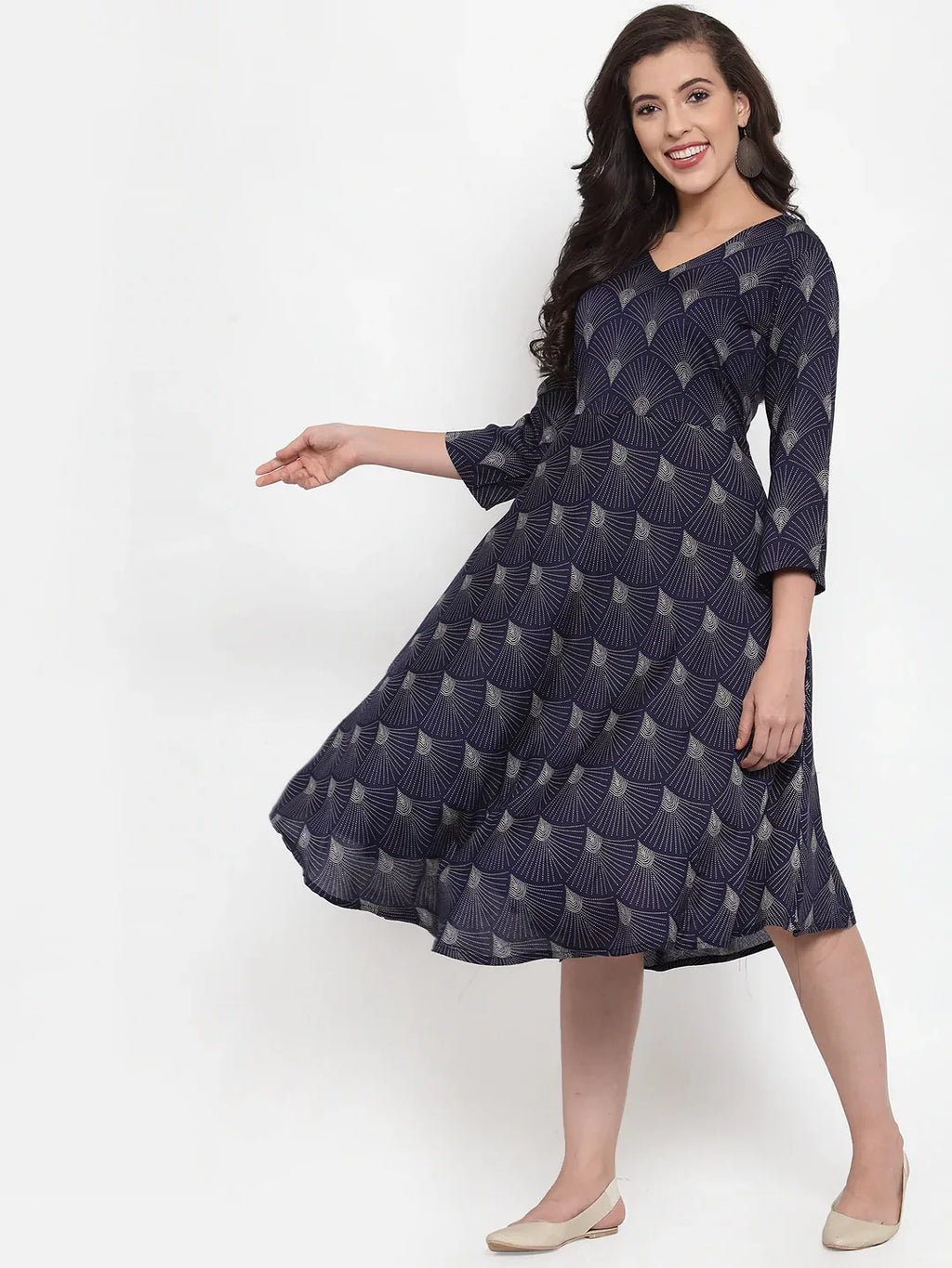 Jompers Women's Navy Blue Printed Fit and Flare Ethnic Dress