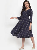 Jompers Women's Navy Blue Printed Fit and Flare Ethnic Dress