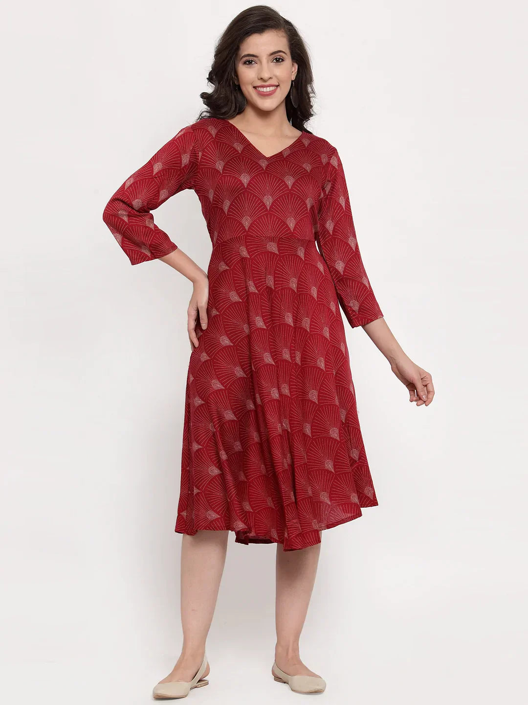 Jompers Women's Maroon Printed Fit and Flare Ethnic Dress