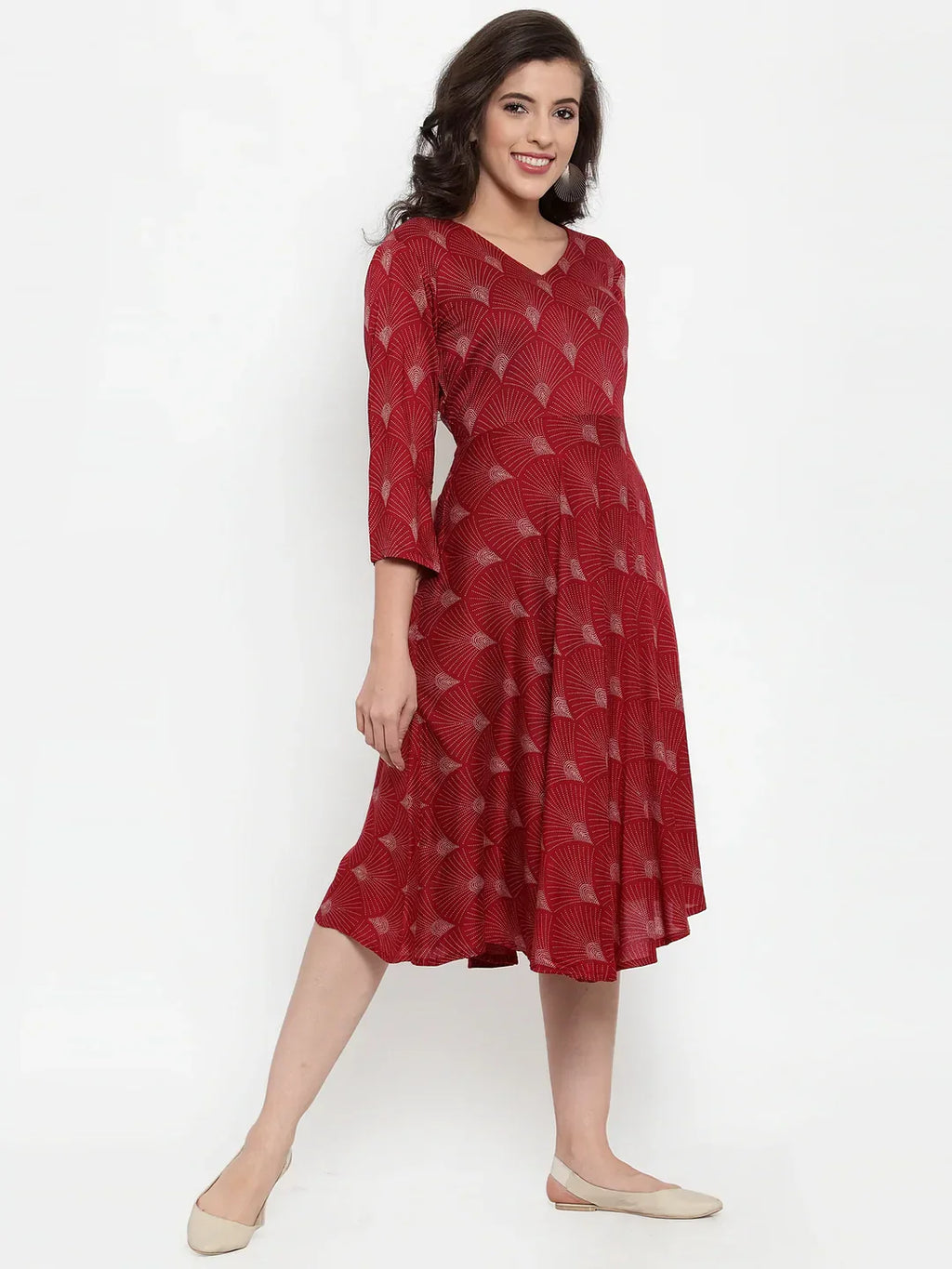 Jompers Women's Maroon Printed Fit and Flare Ethnic Dress