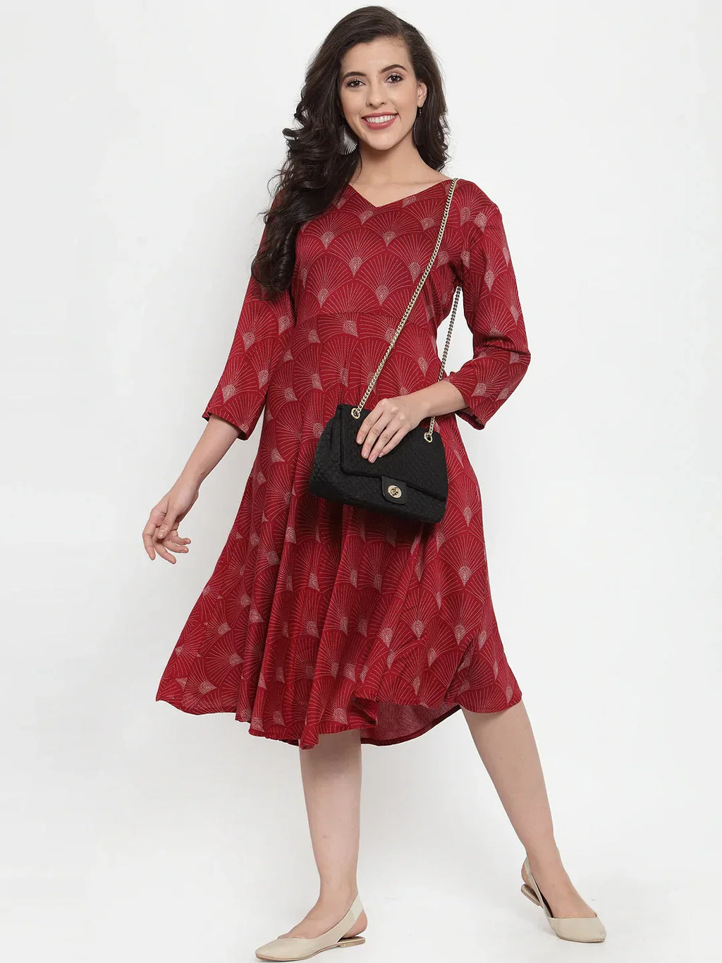 Jompers Women's Maroon Printed Fit and Flare Ethnic Dress