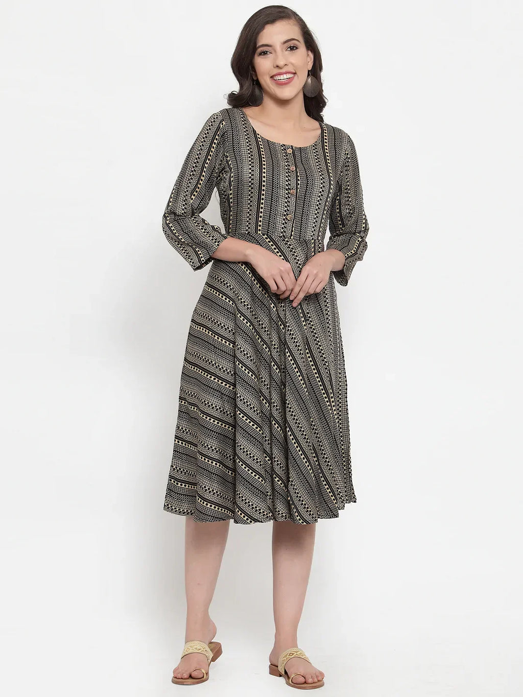 Jompers Women's Black Printed Fit and Flare Ethnic Dress