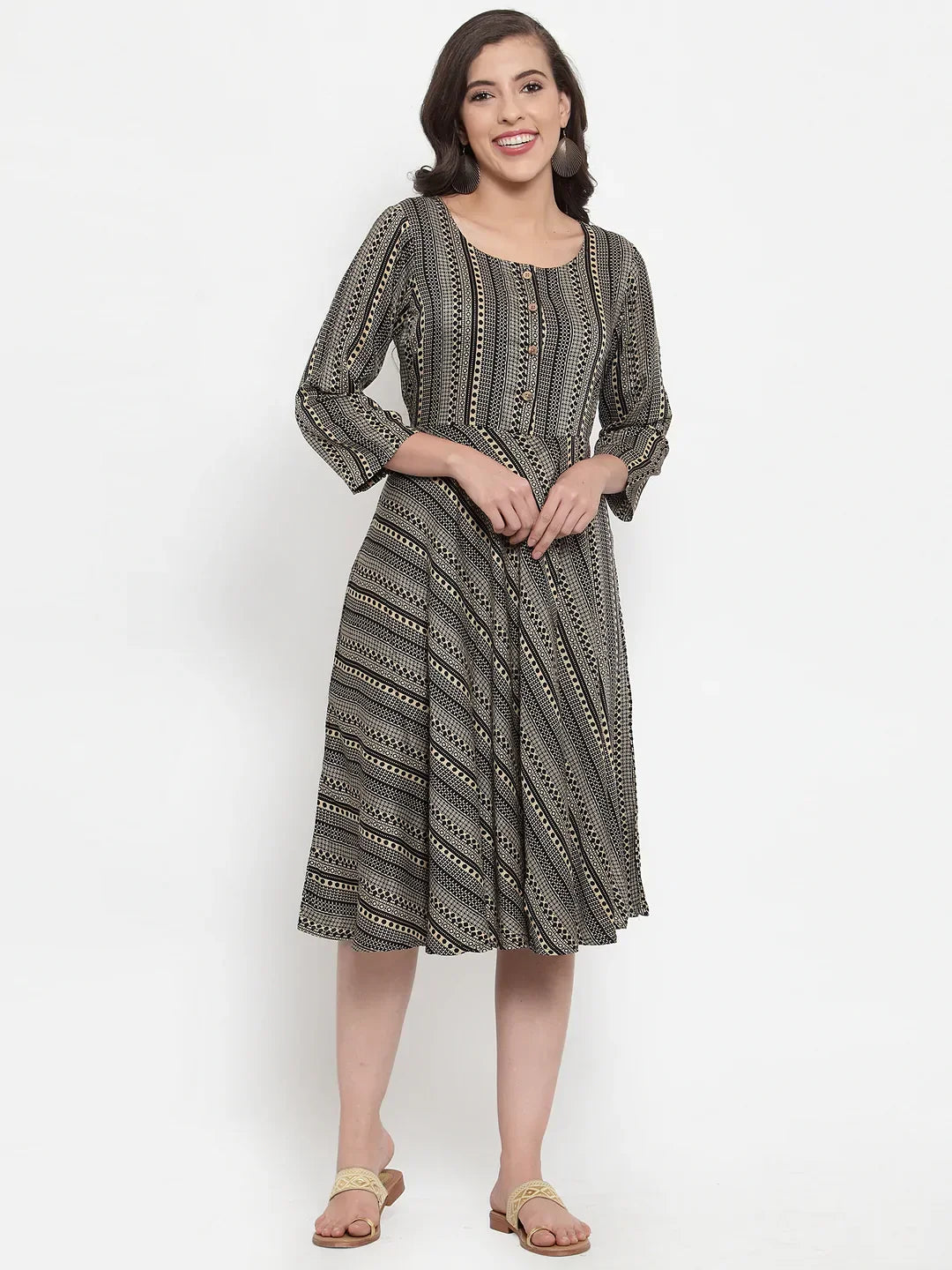 Jompers Women's Black Printed Fit and Flare Ethnic Dress