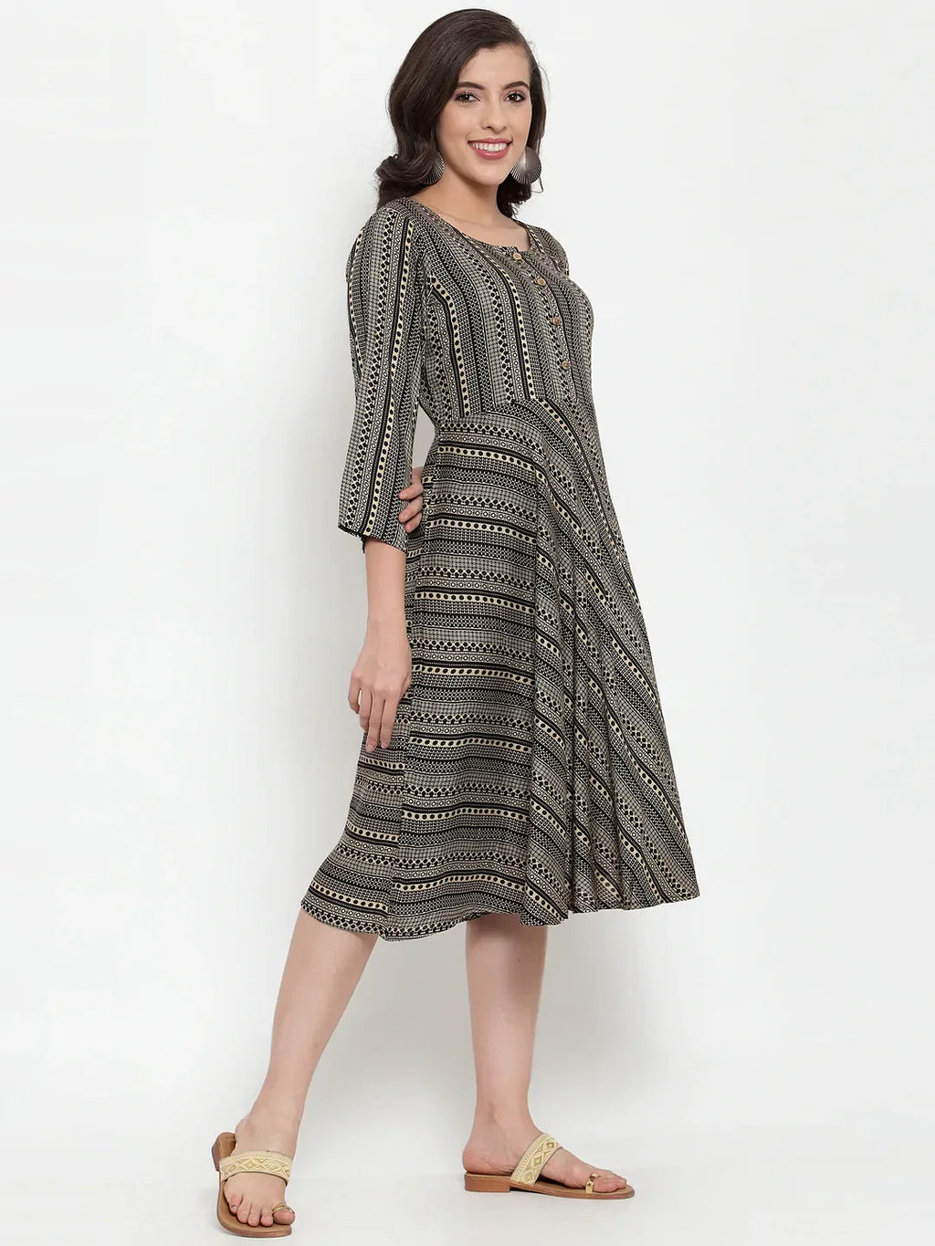 Jompers Women's Black Printed Fit and Flare Ethnic Dress