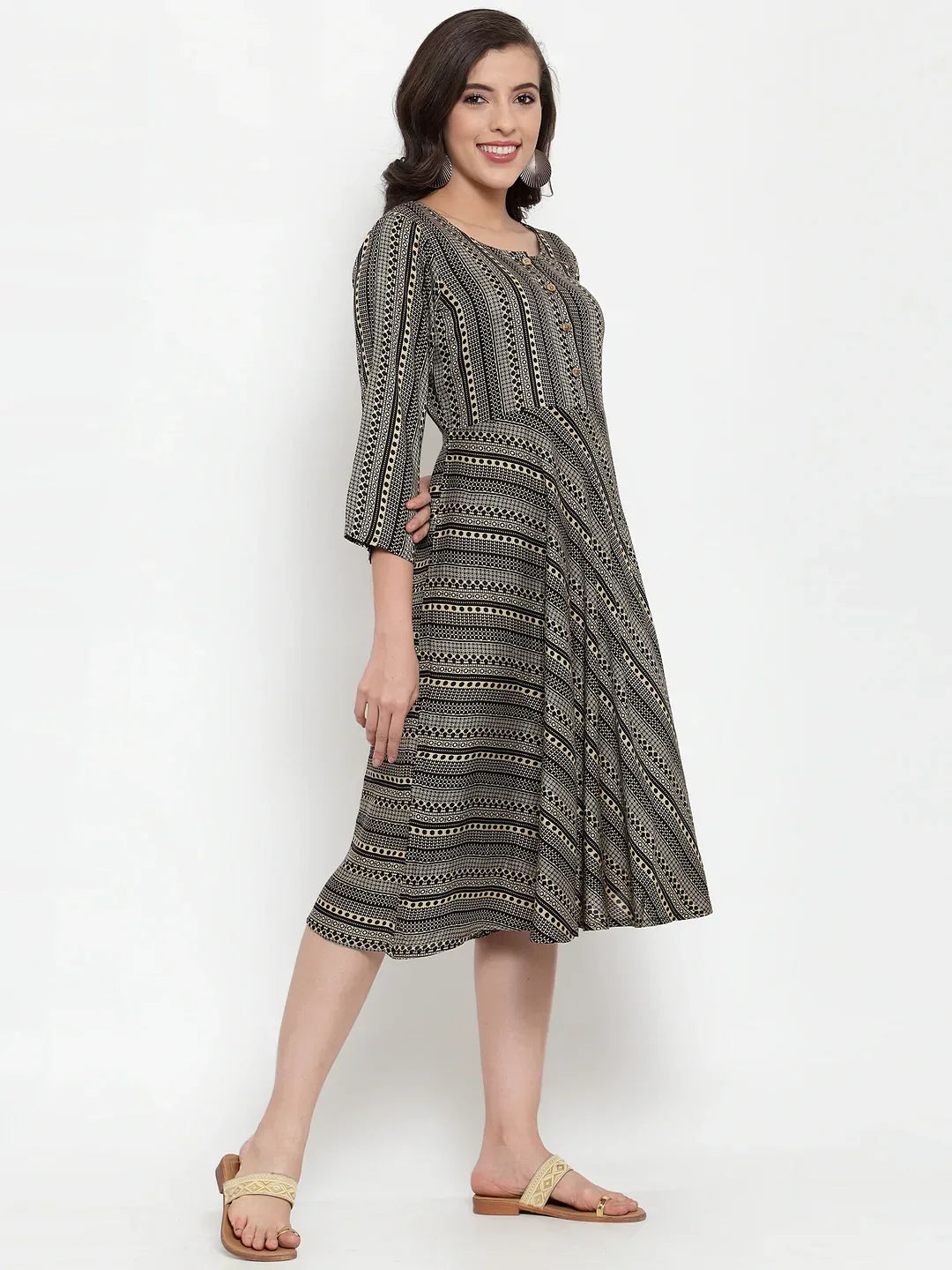 Jompers Women's Black Printed Fit and Flare Ethnic Dress