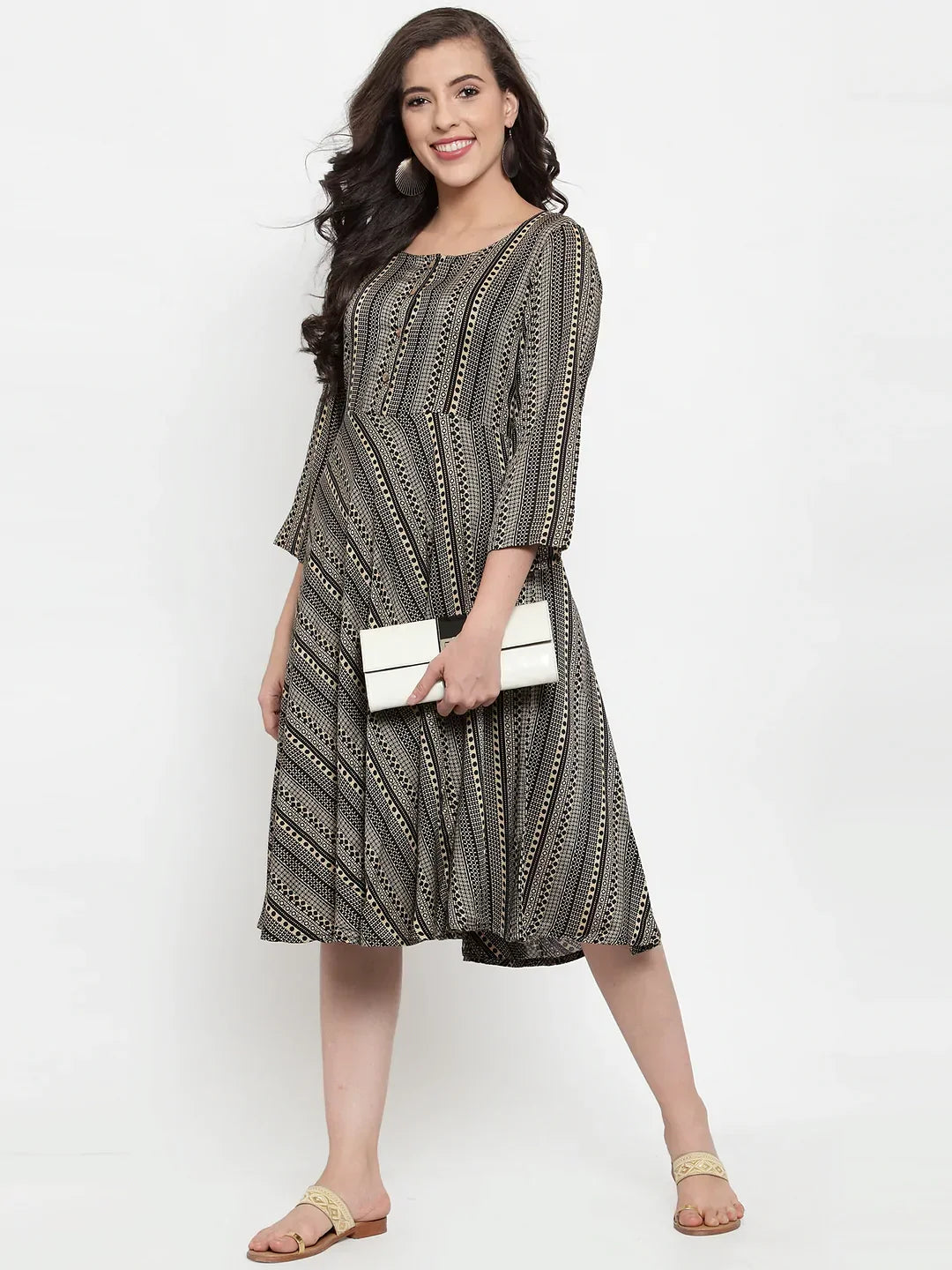 Jompers Women's Black Printed Fit and Flare Ethnic Dress
