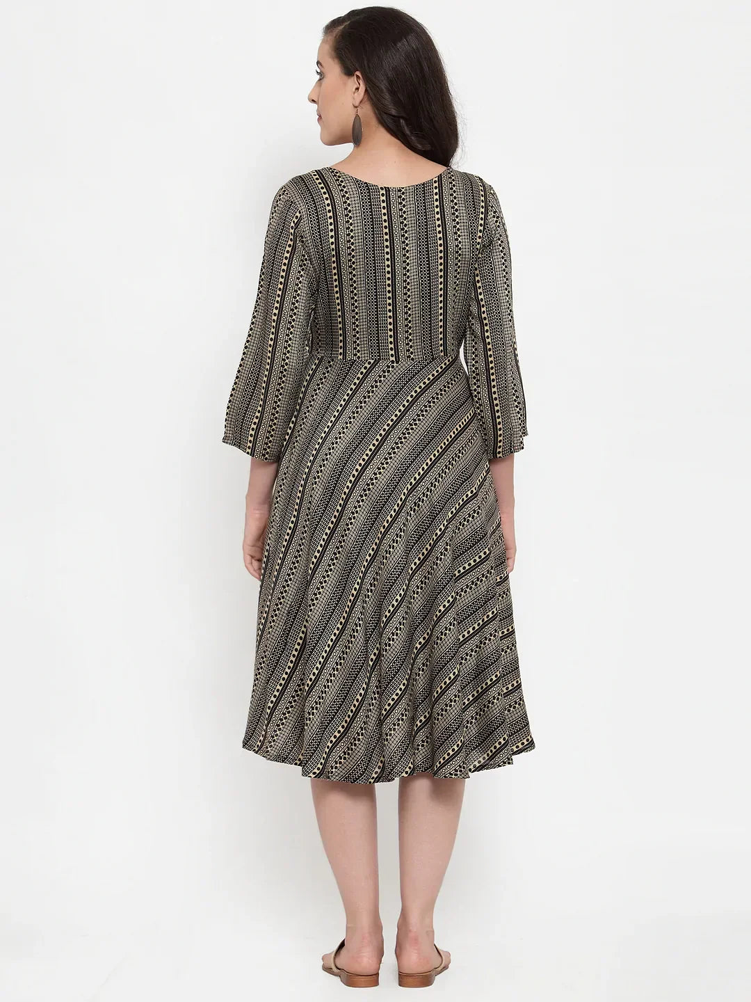 Jompers Women's Black Printed Fit and Flare Ethnic Dress