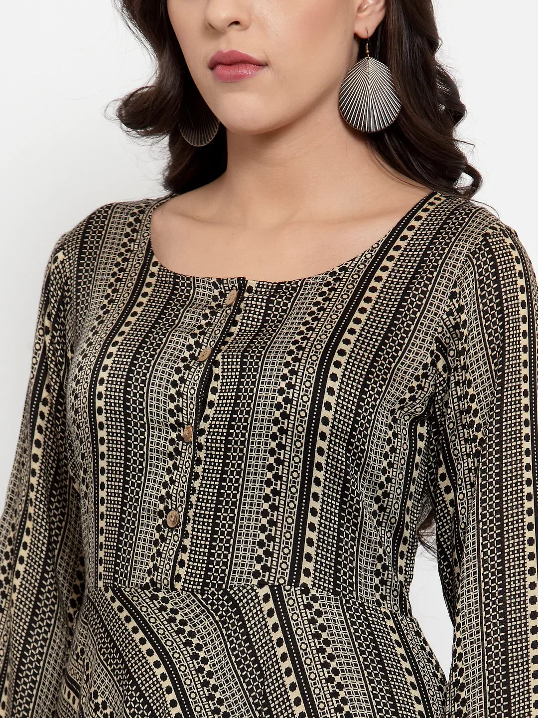 Jompers Women's Black Printed Fit and Flare Ethnic Dress