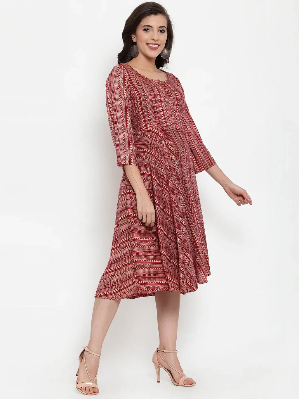 Jompers Women's Maroon Printed Fit and Flare Ethnic Dress