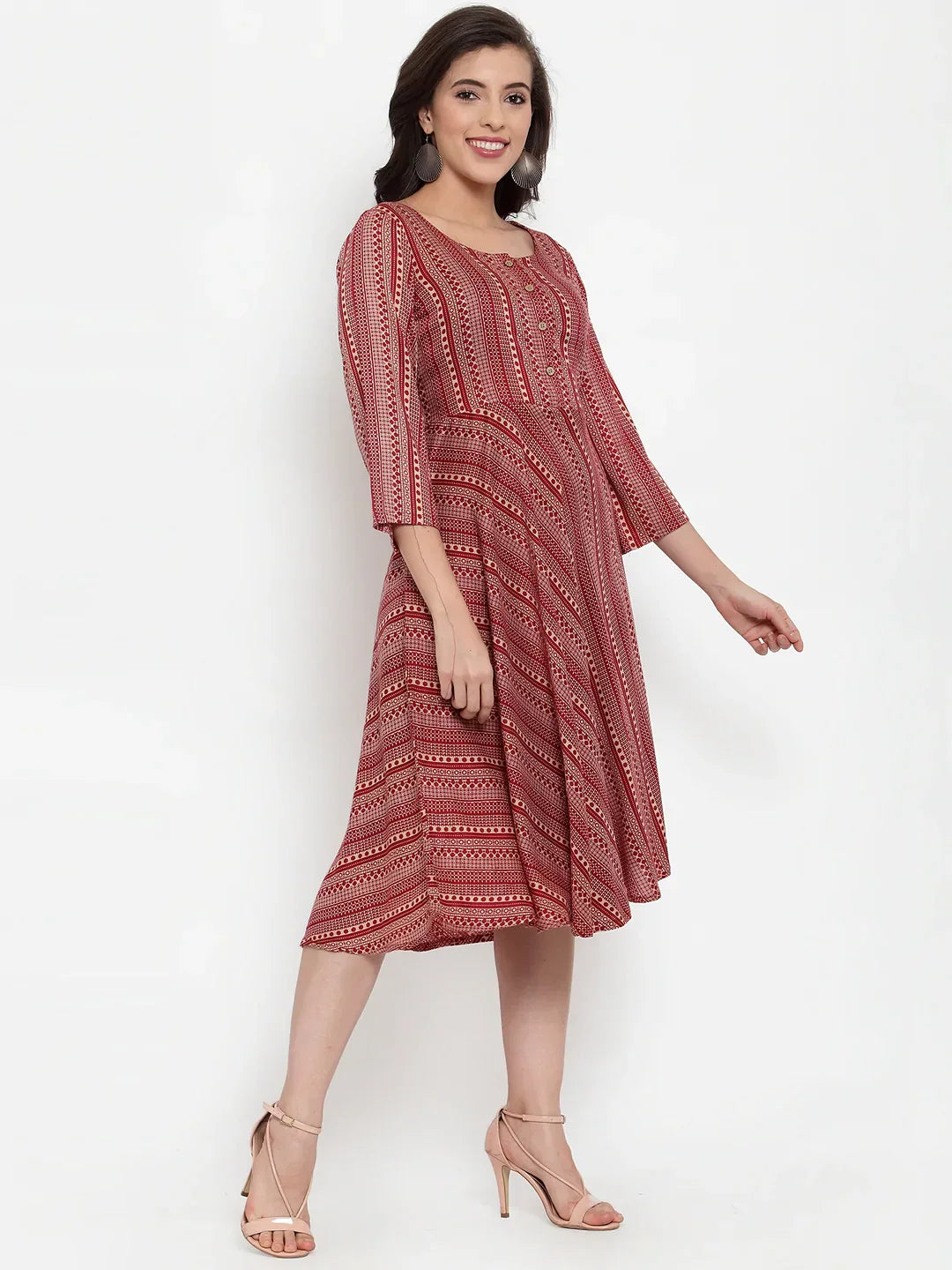 Jompers Women's Maroon Printed Fit and Flare Ethnic Dress