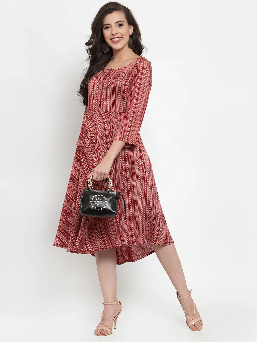 Jompers Women's Maroon Printed Fit and Flare Ethnic Dress