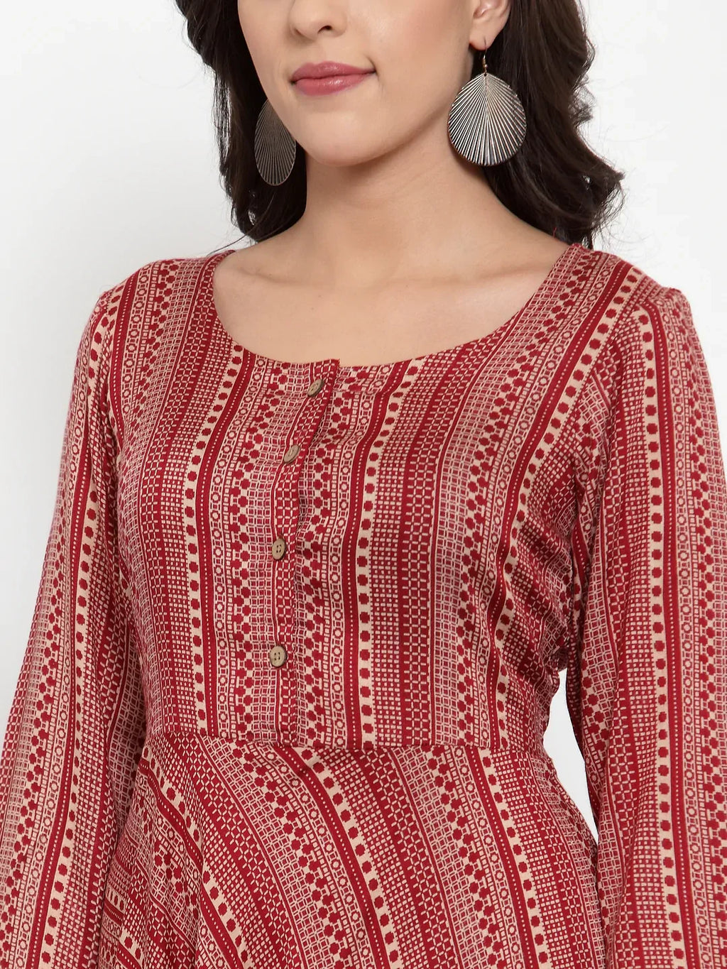 Jompers Women's Maroon Printed Fit and Flare Ethnic Dress