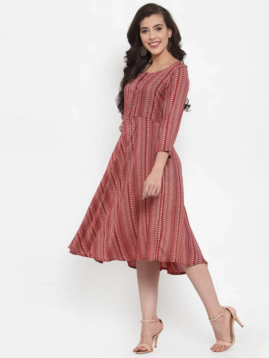 Jompers Women's Maroon Printed Fit and Flare Ethnic Dress