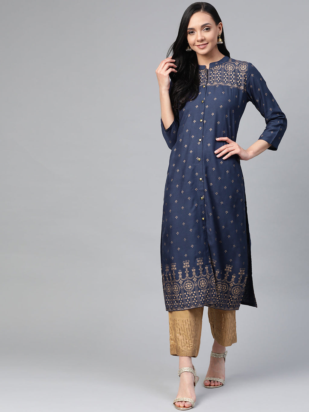 Jompers Women Navy Blue & Golden Block Print Straight Kurta