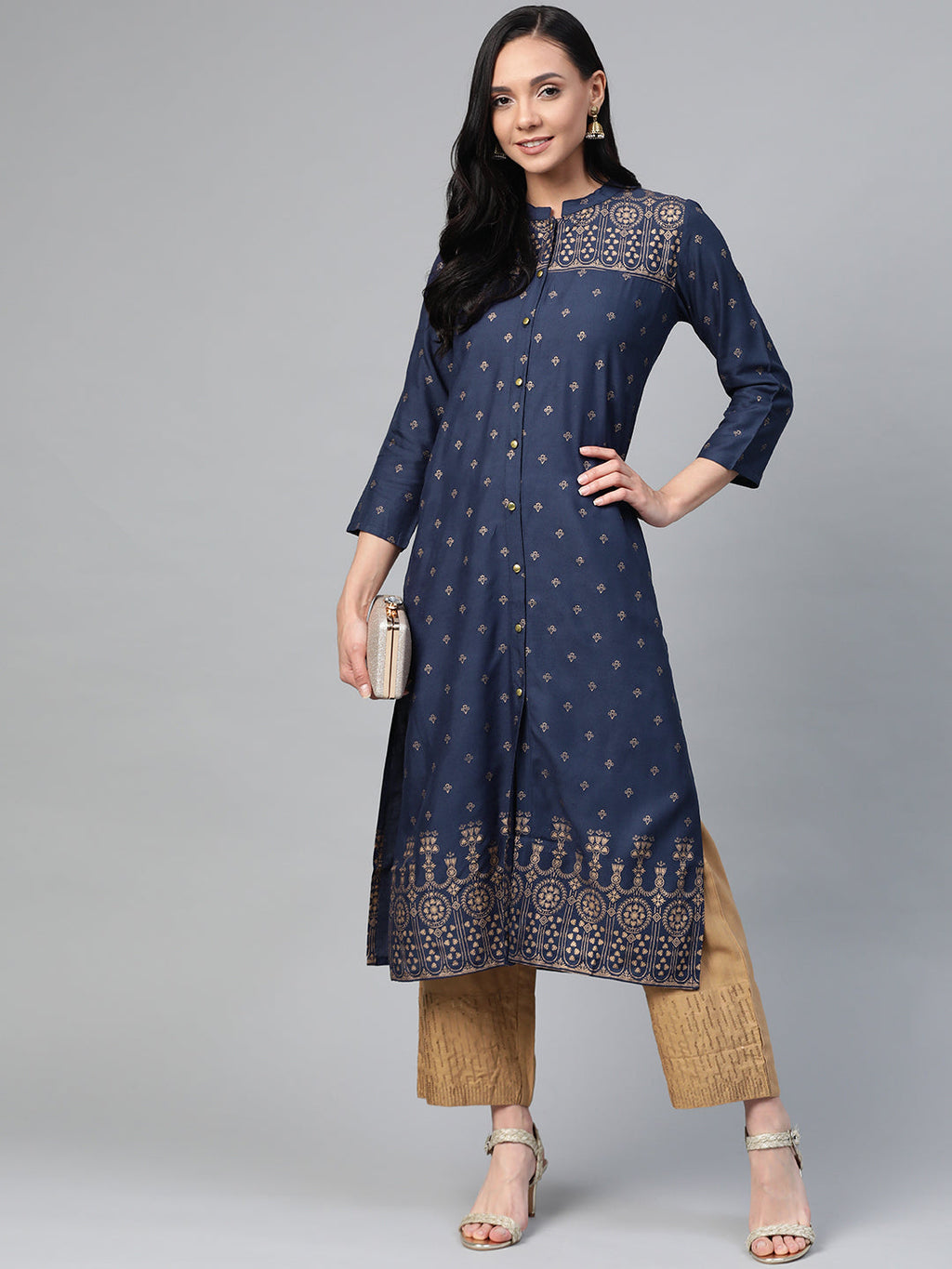 Jompers Women Navy Blue & Golden Block Print Straight Kurta