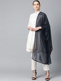 Jompers Women Off-White & Navy Blue Solid Kurta with Trousers & Dupatta