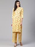Jompers Women Yellow-Coloured & Red Floral Print Kurta with Palazzos
