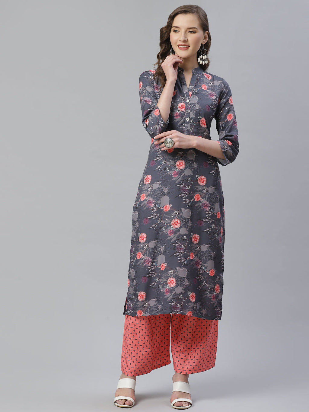 Jompers Women Charcoal Grey & Pink Floral Printed Kurta with Palazzos