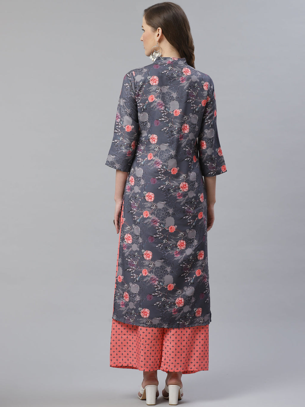 Jompers Women Charcoal Grey & Pink Floral Printed Kurta with Palazzos
