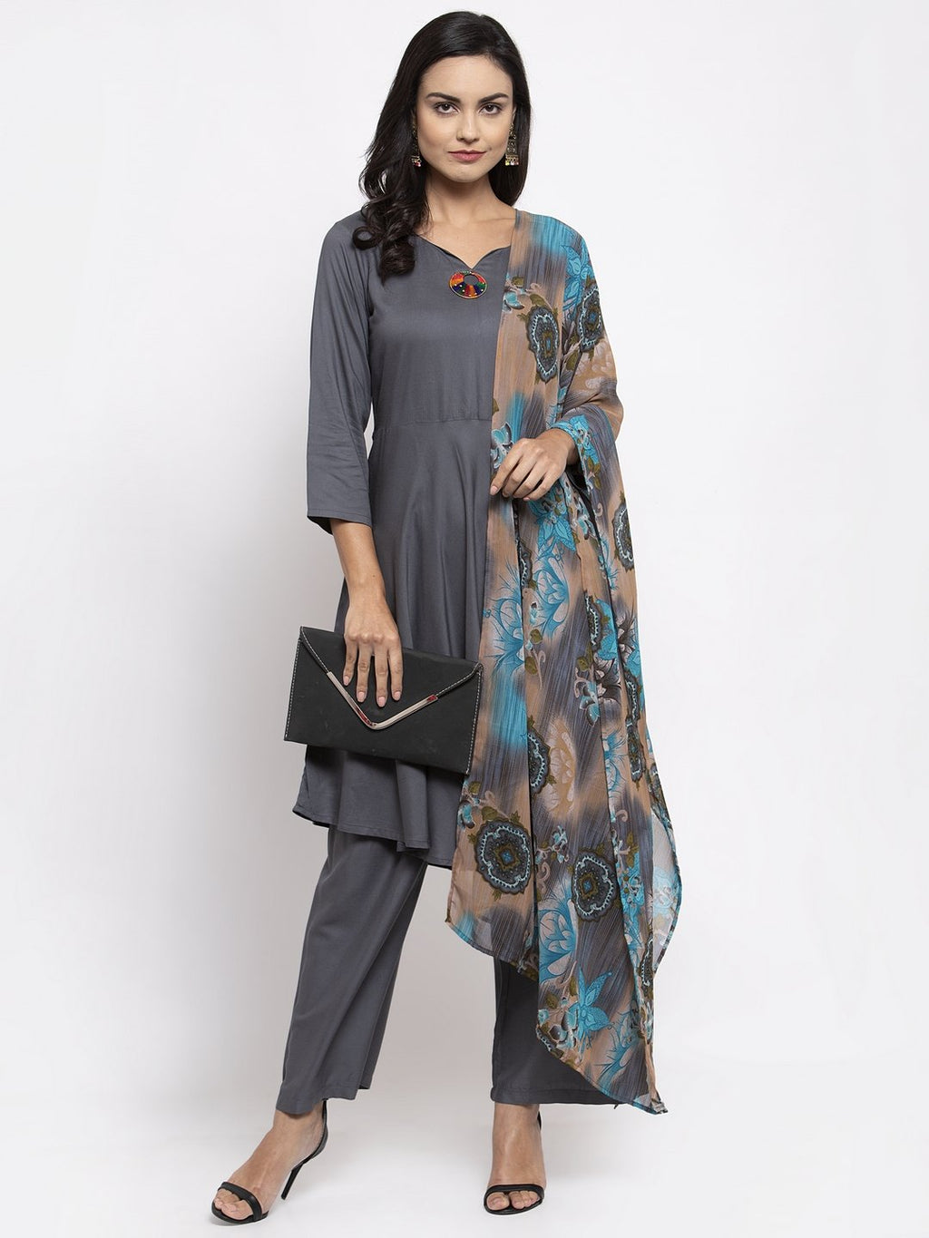Jompers Women Grey Solid Kurta with Palazzos & Gorgette Printed Dupatta