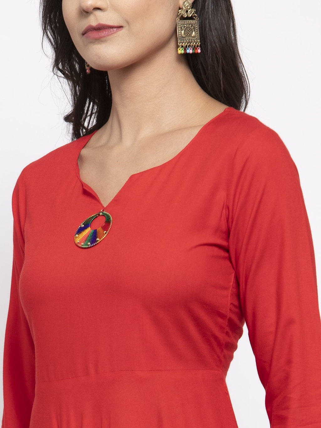 Jompers Women Red Solid Kurta with Palazzos & Red-Black Printed Dupatta