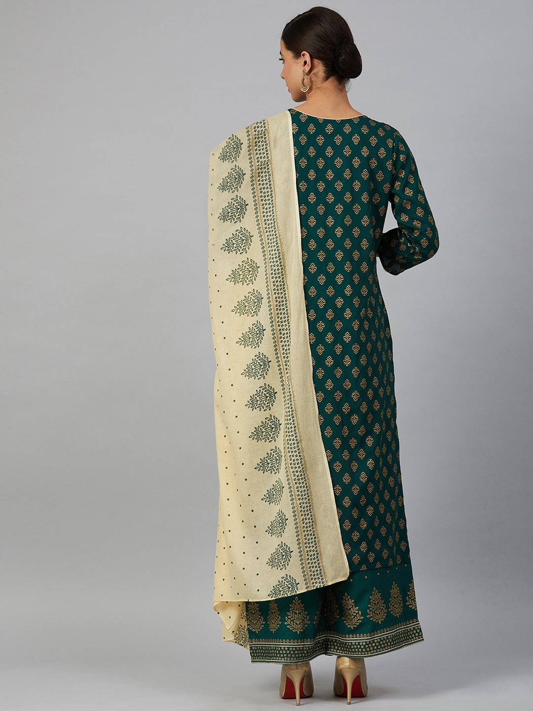 Jompers Women Green & Golden Printed Kurta with Palazzos & Dupatta