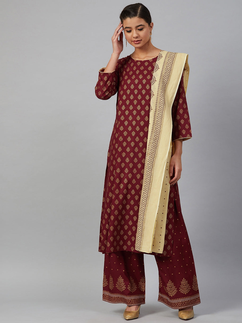 Jompers Women Maroon & Golden Printed Kurta with Palazzos & Dupatta