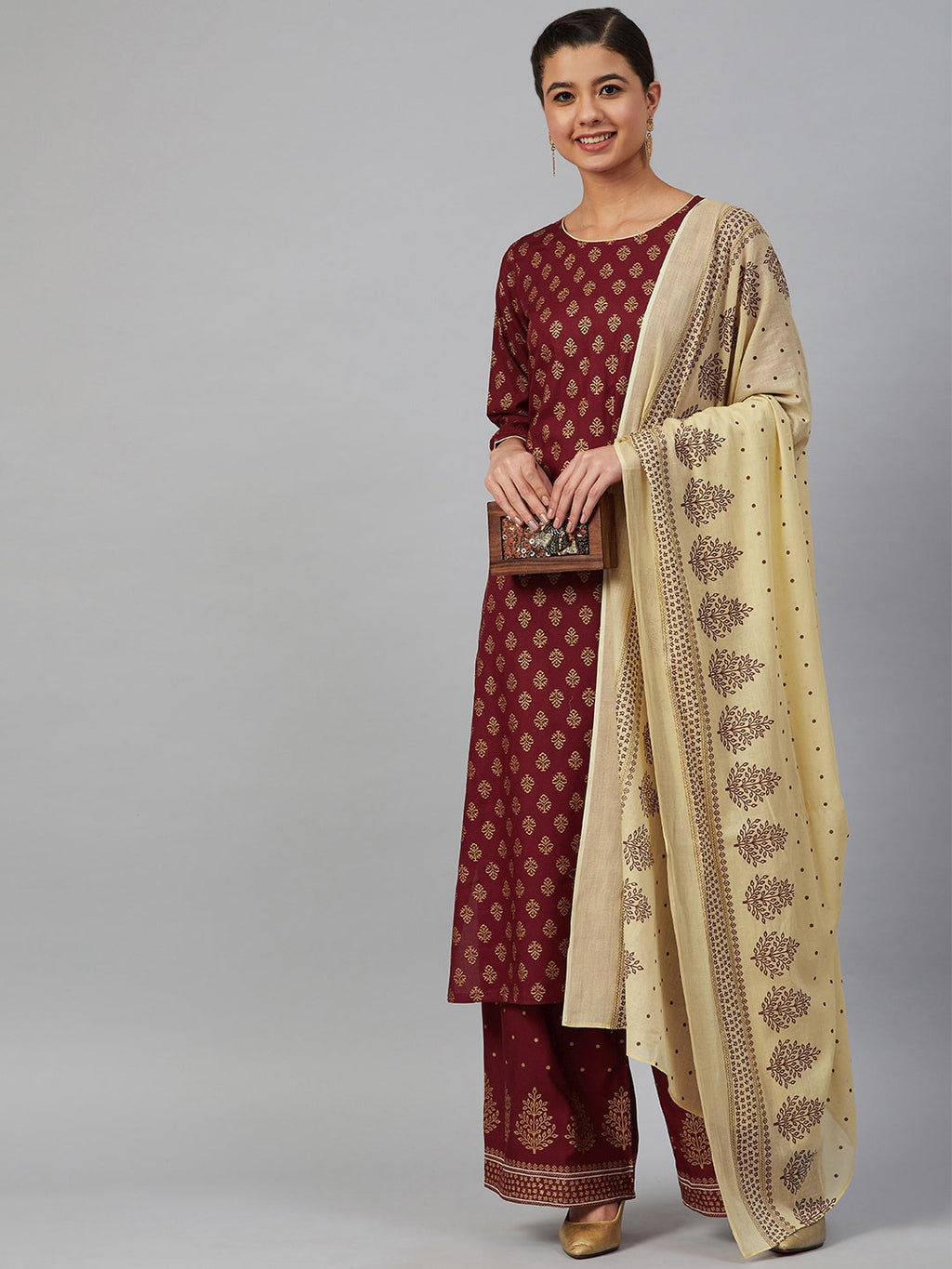 Jompers Women Maroon & Golden Printed Kurta with Palazzos & Dupatta