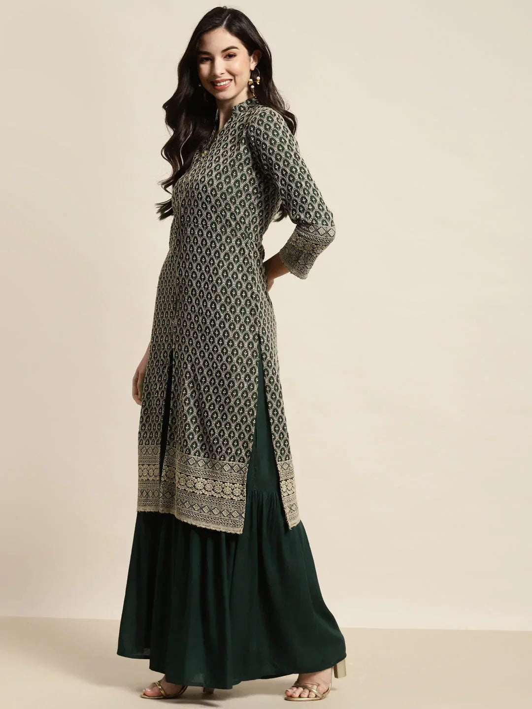 Jompers Women's Green Embroidered Kurta with Sharara
