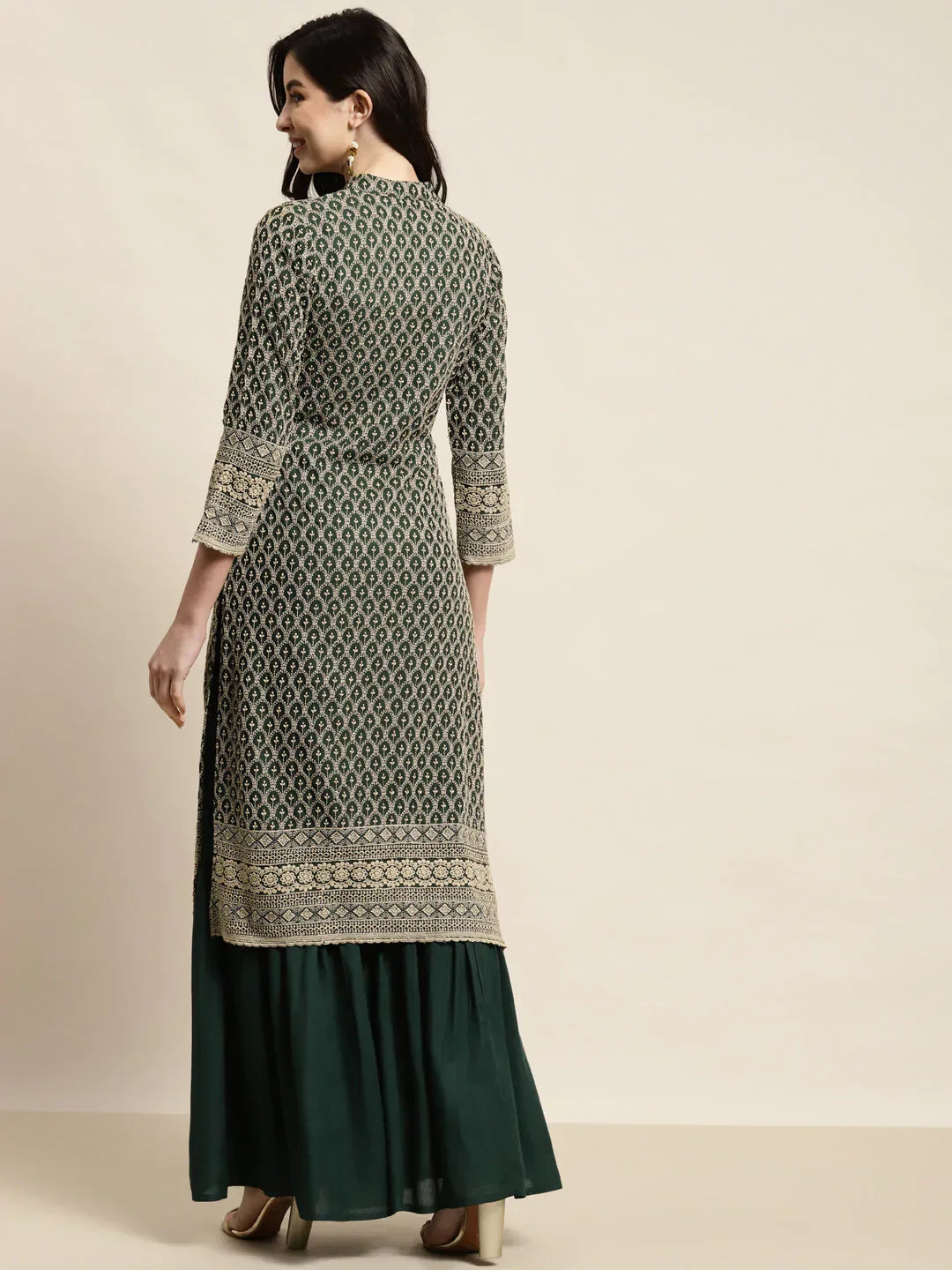 Jompers Women's Green Embroidered Kurta with Sharara