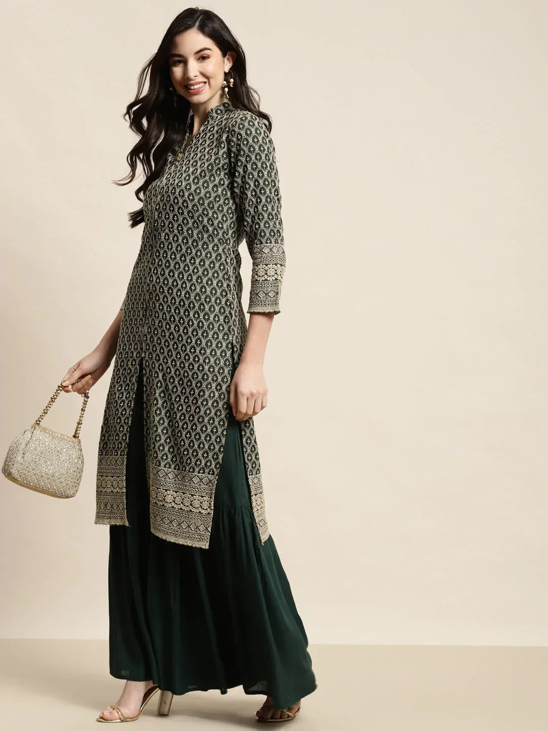 Jompers Women's Green Embroidered Kurta with Sharara