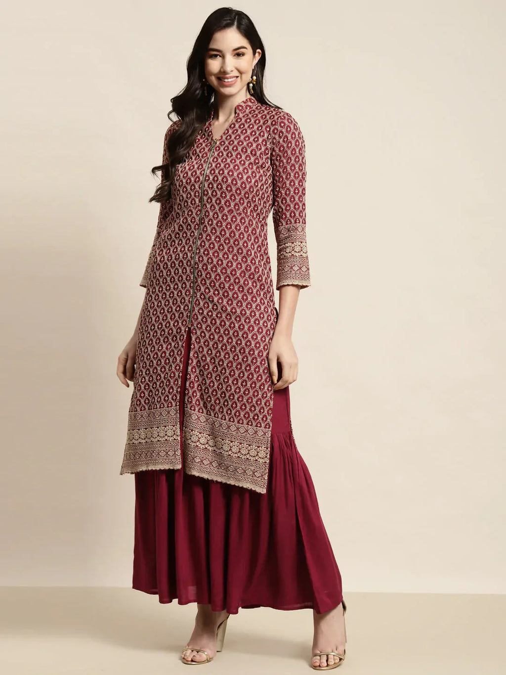 Jompers Women's Maroon Embroidered Kurta with Sharara