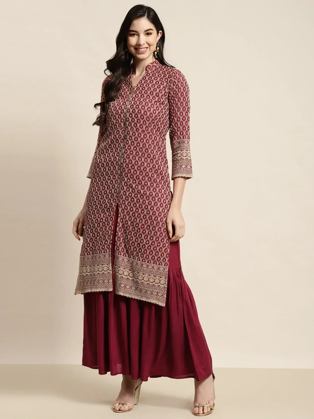 Jompers Women's Maroon Embroidered Kurta with Sharara