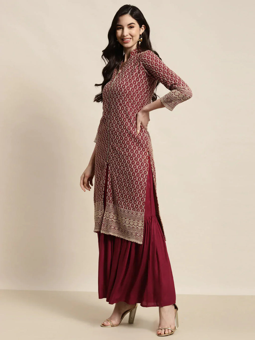 Jompers Women's Maroon Embroidered Kurta with Sharara
