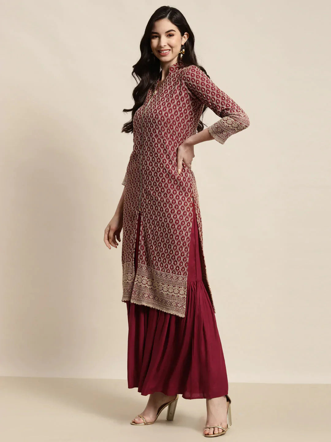 Jompers Women's Maroon Embroidered Kurta with Sharara