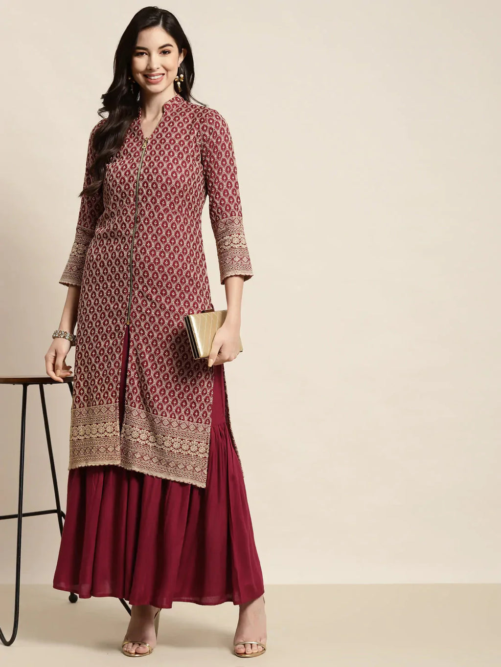 Jompers Women's Maroon Embroidered Kurta with Sharara