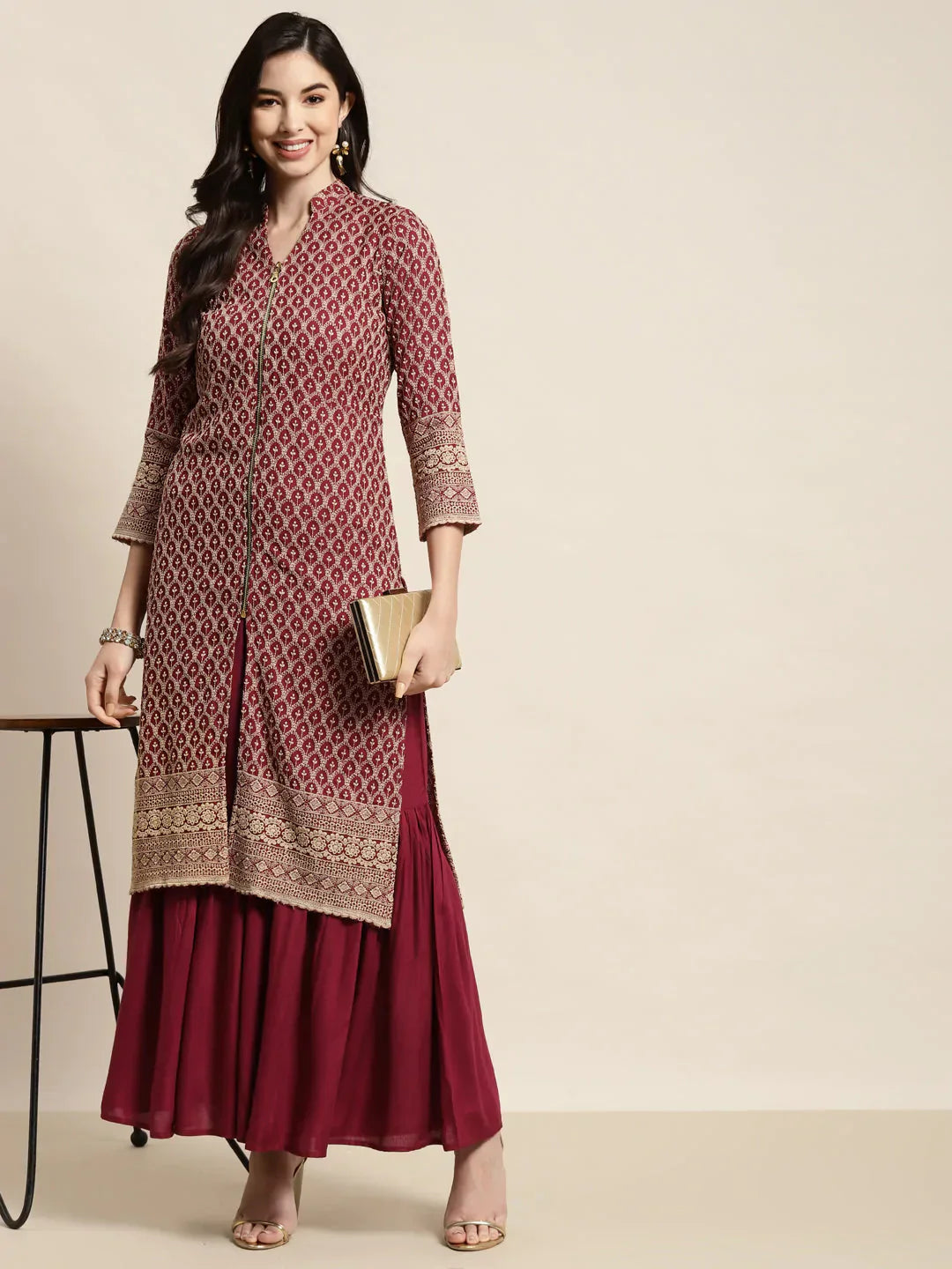 Jompers Women's Maroon Embroidered Kurta with Sharara