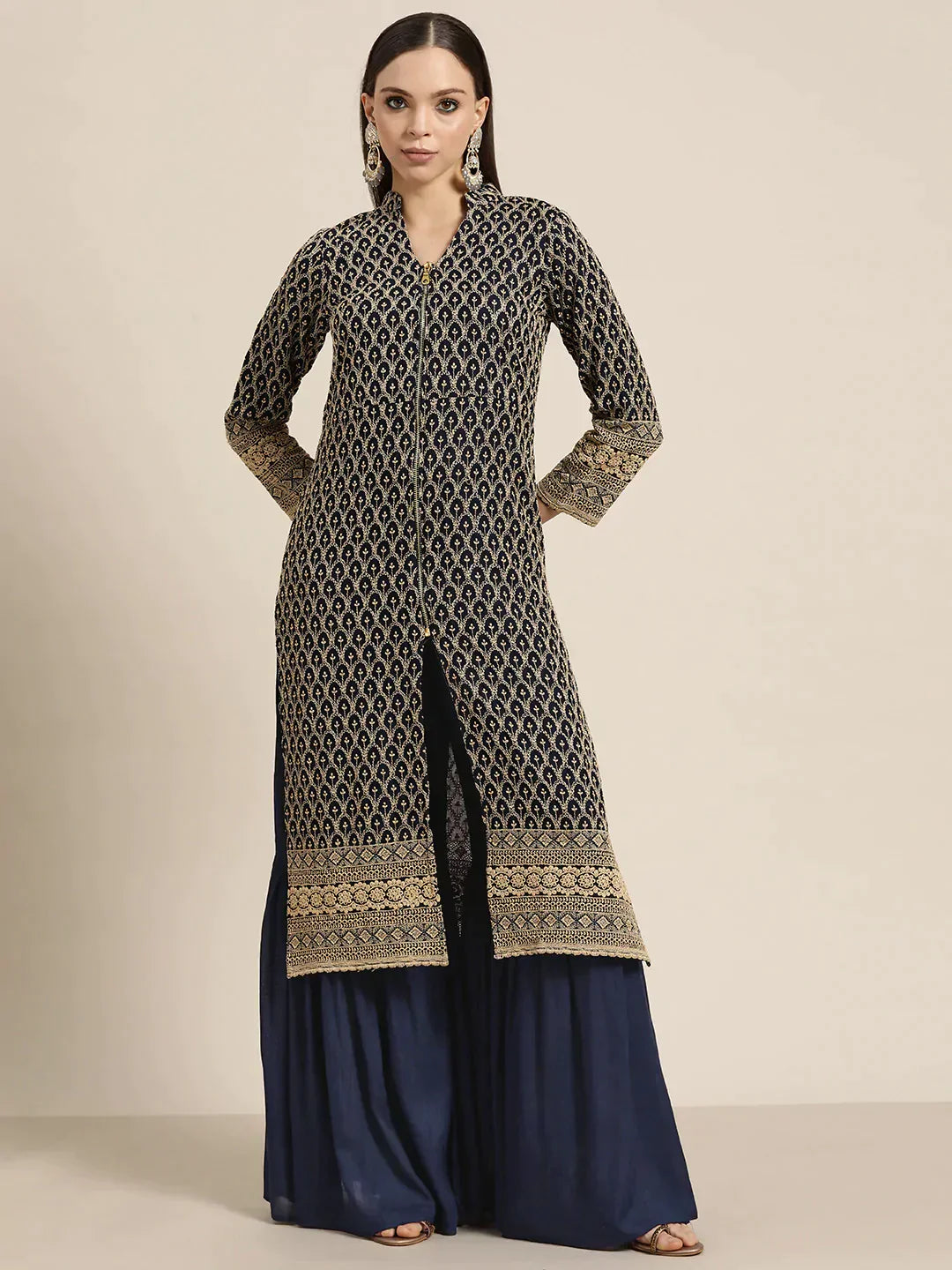 Jompers Women's Navy Embroidered Kurta with Sharara - Navy Blue