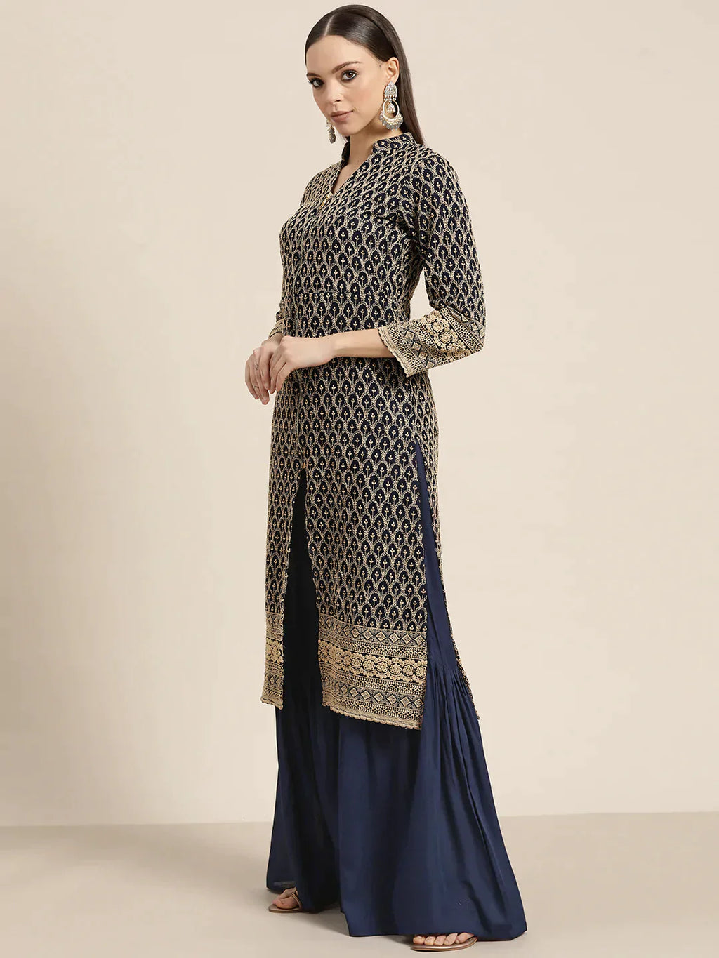 Jompers Women's Navy Embroidered Kurta with Sharara - Navy Blue