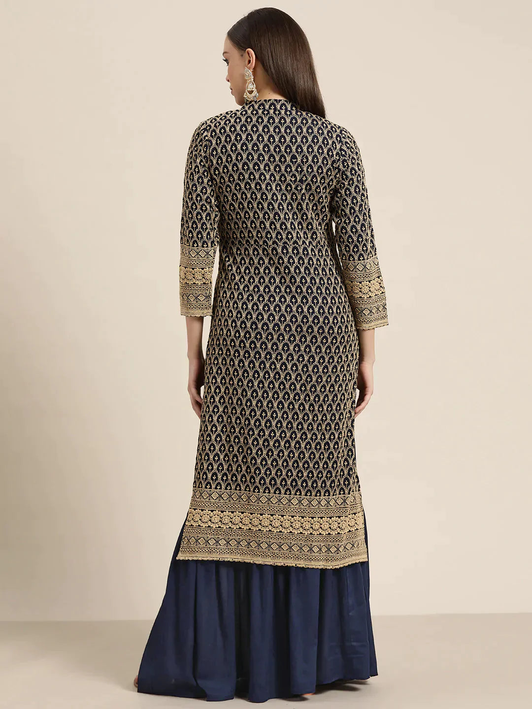 Jompers Women's Navy Embroidered Kurta with Sharara - Navy Blue