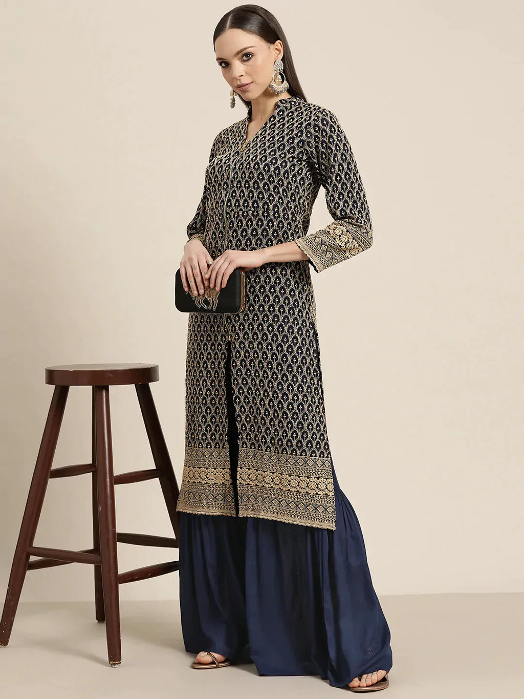 Jompers Women's Navy Embroidered Kurta with Sharara - Navy Blue