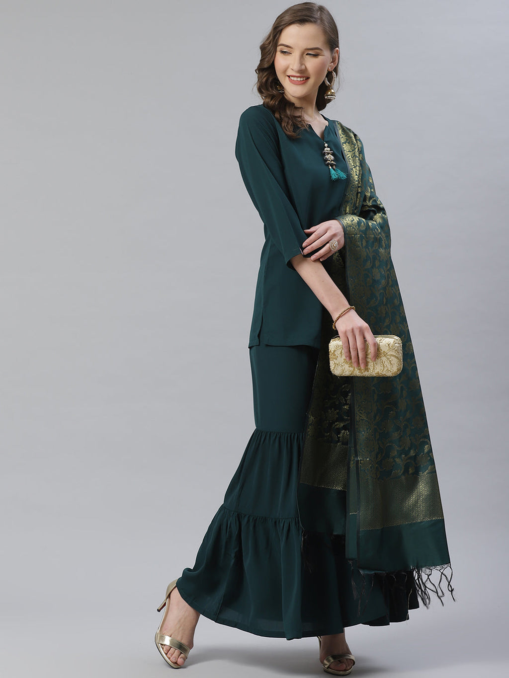 Jompers Women Green & Golden Solid Kurti with Sharara & Woven Design Dupatta