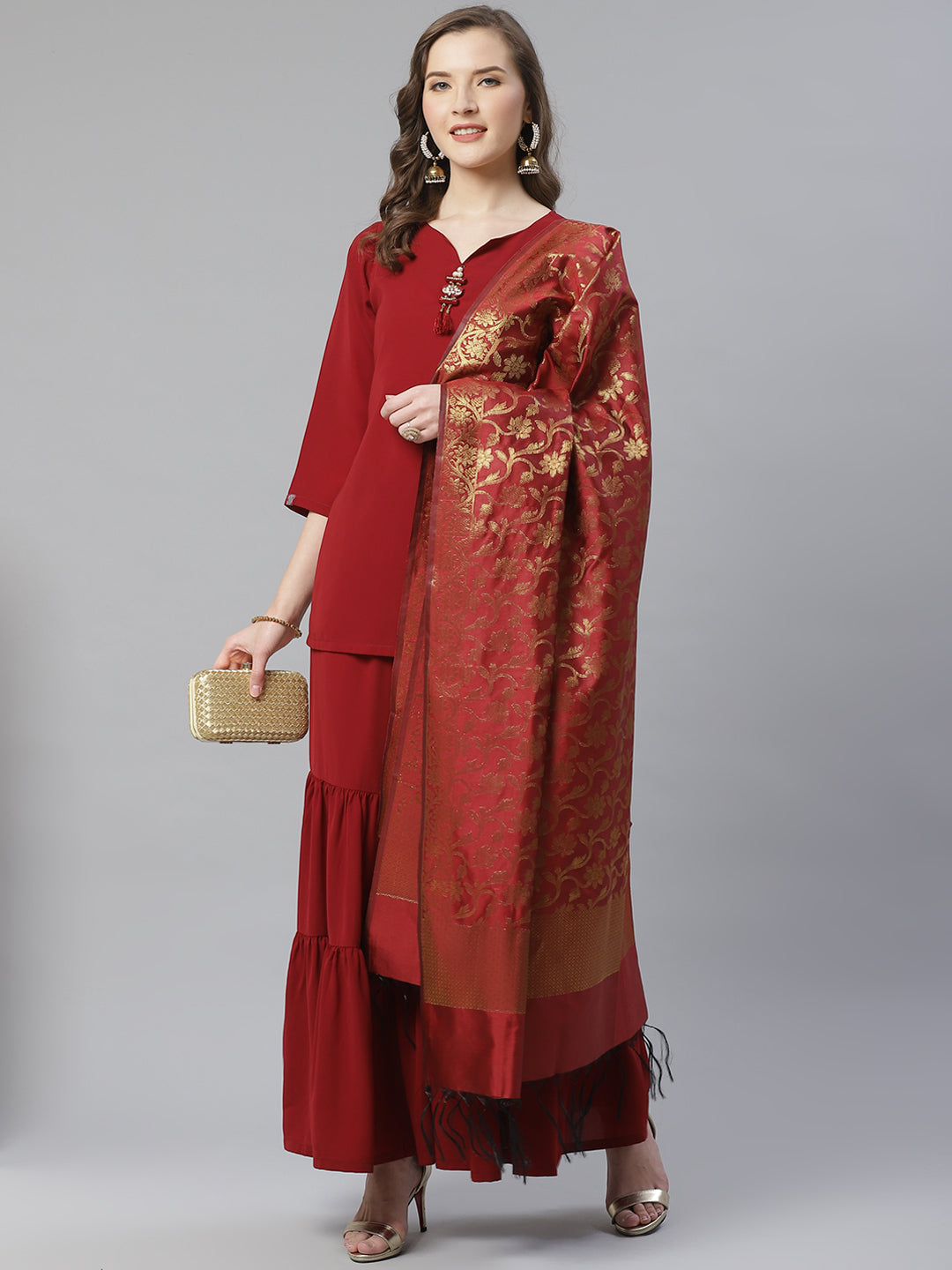 Jompers Women Maroon & Golden Solid Kurti with Sharara & Woven Design Dupatta