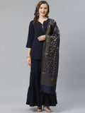 Jompers Women Navy Blue & Golden Solid Kurti with Sharara & Woven Design Dupatta