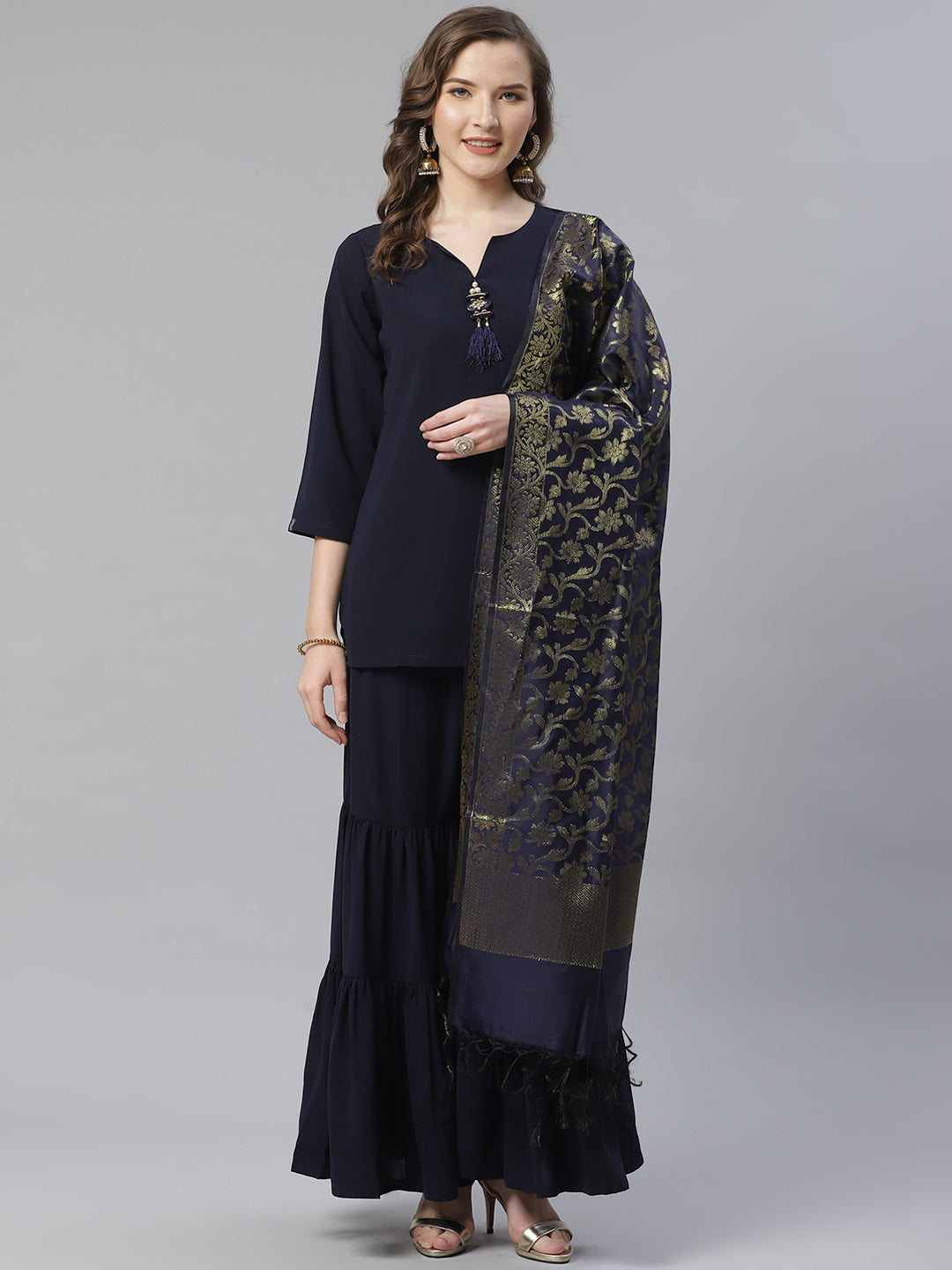 Jompers Women Navy Blue & Golden Solid Kurti with Sharara & Woven Design Dupatta