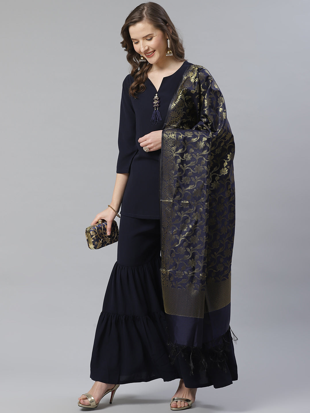 Jompers Women Navy Blue & Golden Solid Kurti with Sharara & Woven Design Dupatta